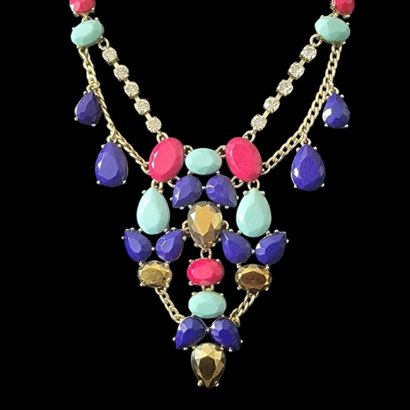 Multi Color Stones Faux Diamonds Gold Color Chain Fashion Necklace - Picture 6 of 12